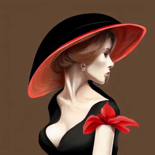 Image similar to beautiful woman in a black dress, full length photo, wearing a white hat and a red scarf, head bowed slightly, looking mischievously and mysteriously at the camera, wavy blond hair, knees upturned, very beautiful woman, 4k highly detailed, digital painting, artstation, concept art, matte, sharp focus, illustration, art by Artgerm and Greg Rutkowski and Alphonse Mucha