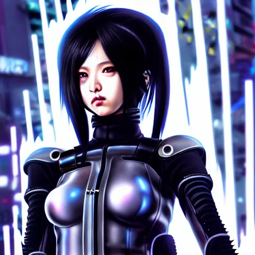 Image similar to An epic comic hyperrealistic anime painting of a cyber warrrior girl wearing futuristic wardrobe, black and silver, ultradetailed face expression trending on artstation and artbreeder, cyberpunk 2077 color, heavy rainning at tokyo street night, neon ligh, DAZ, 8k, unreal 5 engine render, cosplay, RPG portrait, final fantasy Vll world concept, dramatic lighting, rim lights, PS5 render quality