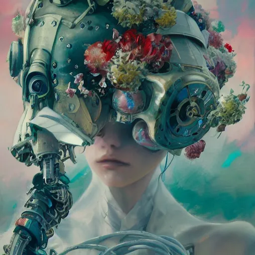 Prompt: surreal gouache painting, by yoshitaka amano, by ruan jia, by conrad roset, by good smile company, detailed anime 3 d render of a female mechanical android head with flowers growing out, portrait, cgsociety, artstation, rococo mechanical costume and grand headpiece, dieselpunk atmosphere