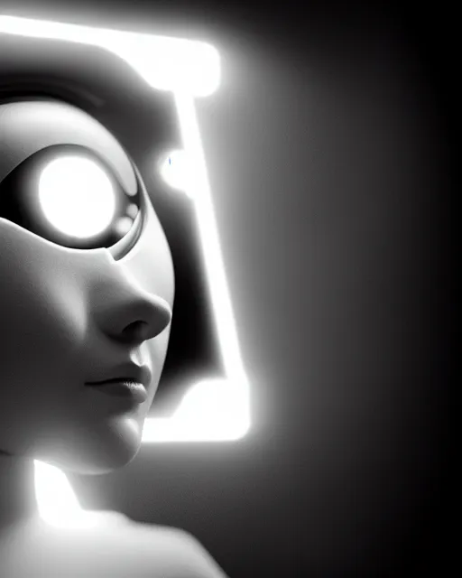Prompt: black and white high quality photo of a female AI-cyborg-doll looking into a sci-fi mirror, volumetric lighting, hyperdetailed, photorealistic, cinematic, masterpiece, elegant, dark, in the style of Man Ray, octane render, 8K,