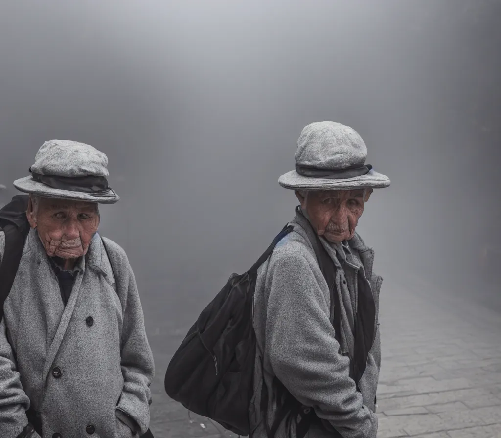 Prompt: Old man with a newsboy hat waits for a train with heaps of baggage on a foggy platform, low angle, morning hard light