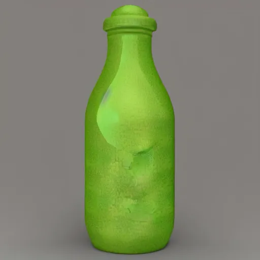 Prompt: 3D render, blender of a children's bottle inspired by shrek's design, ia bottle n the shape of shrek