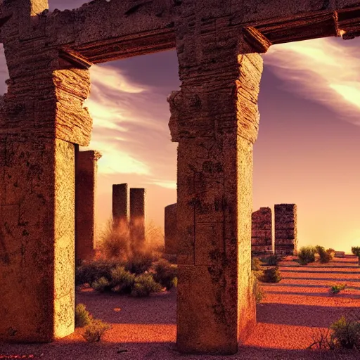 Image similar to Ancient ruins in the desert,retrowave, epic dramatic digital art,trending