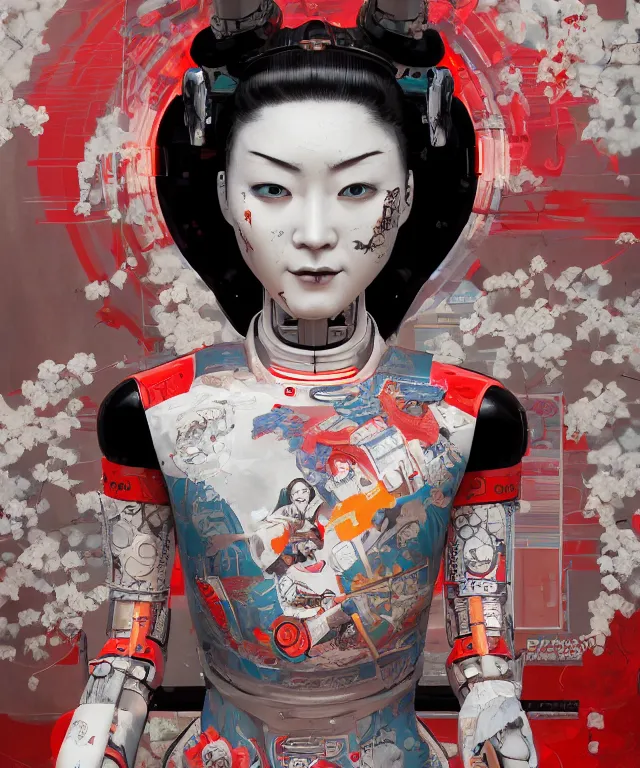 Image similar to an epic fantastic realism comic book style portrait painting of a japanese robotic geisha with kanji tattoos and decals, apex legends, octane render, intricate detail, 4 k hd, unreal engine 5