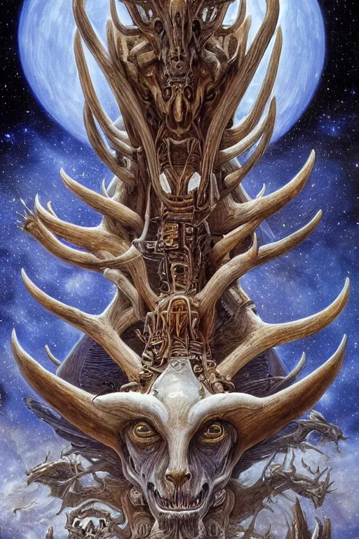 Prompt: baphomet starship!!!!! with antler made with porcelain by jeff easley and peter elson, beautiful eyes and face, symmetry face, galaxy, gothic, surreal, dread, highly detailed, intricate complexity, epic composition, magical atmosphere, masterpiece, award winning, trending on artstation