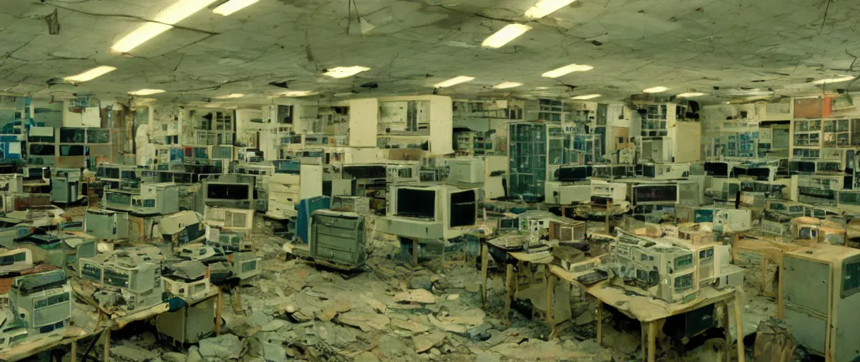 Image similar to movie still 4 k uhd 3 5 mm film color photograph of an abandoned computer laboratory full of 4 0 s decade of xx century vacuumtube computers