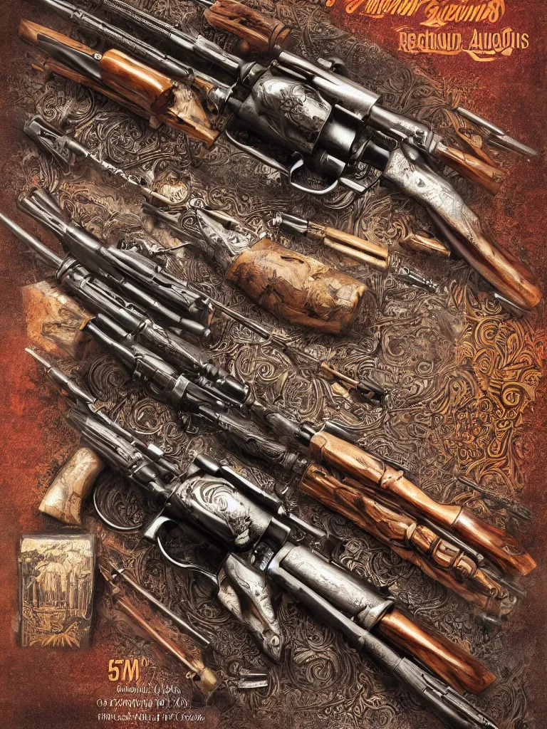 Image similar to carving of machine guns shotguns rifles revolvers bullets, dark vintage paperback cover, ultrarealistic, intricate details, 4k