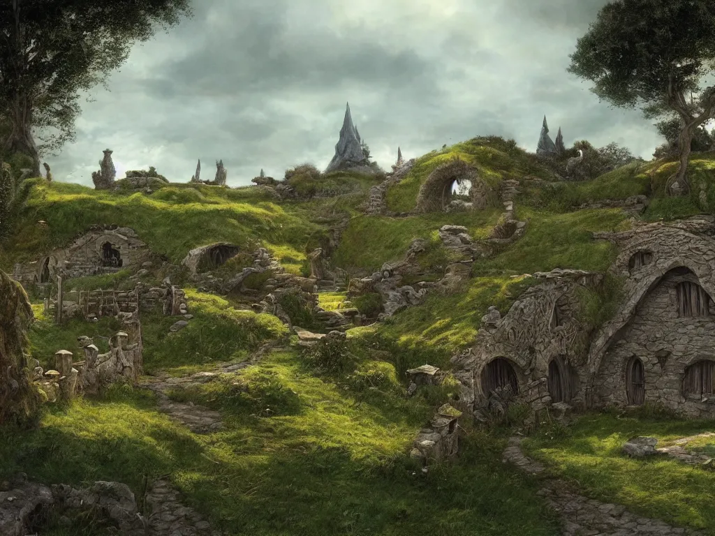 Prompt: Hobbiton in ruins, evening, detailed matte painting, cinematic, Alan Lee, Artstation