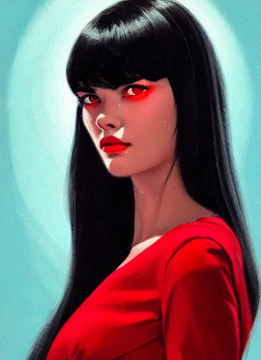 Image similar to portrait of veronica lodge with bangs, 1 9 6 0 s, long hair, red clothes, bangs, intricate, elegant, glowing lights, highly detailed, digital painting, artstation, concept art, smooth, sharp focus, illustration, art by wlop, mars ravelo and greg rutkowski