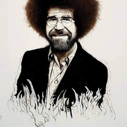 Image similar to bob ross in a portrait, drawn in ink by ralph steadman