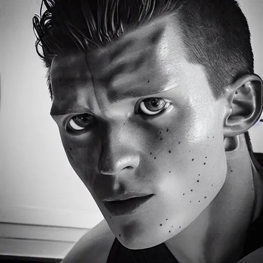 Image similar to “a realistic detailed photo of a guy who is an terminator, who is a male android, Tom Holland, shiny skin, posing like a statue, blank stare”