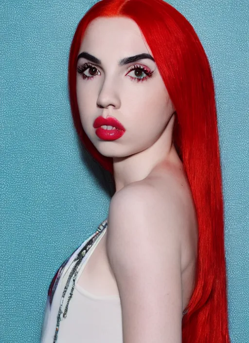 Image similar to ava max bright red hair photographed by charlotte rutherford, canon, highly realistic. high resolution. highly detailed. dramatic. 8 k. 4 k.