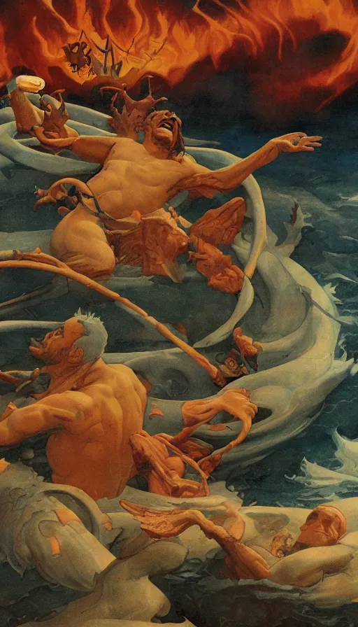 Prompt: man on boat crossing a body of water in hell with creatures in the water, sea of souls, by thomas blackshear