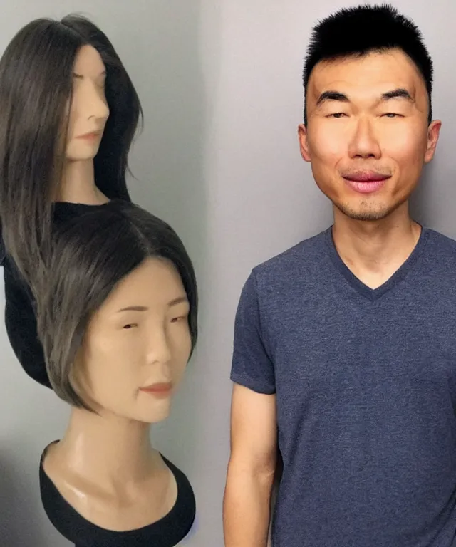 Image similar to asian man whose head is replaced by victoria's secret white model's head, realistic