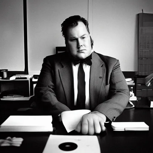 Image similar to cinematic film still from 1 9 9 4 film : portly clean - shaven white man wearing suit and necktie at his desk. he has his right foot propped up on his desk. xf iq 4, f / 1. 4, iso 2 0 0, 1 / 1 6 0 s, 8 k, raw, dramatic lighting, symmetrical balance, in - frame