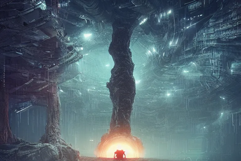 Image similar to black hole tree, cyberpunk art by mike winkelmann, trending on cgsociety, retrofuturism, reimagined by industrial light and magic, darksynth, sci - fi