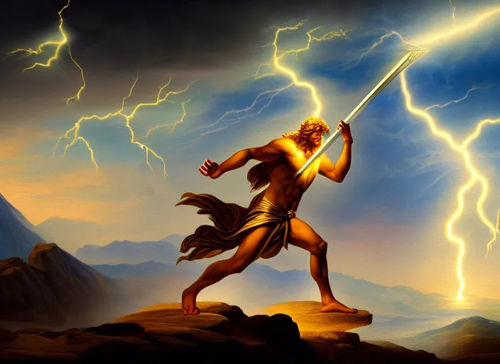 Image similar to soft painting of zeus fighting chronos with a spear of lightning at the top of mount olympus. fantasy style. highly detailed 8 k. intricate. lifelike. soft light. nikon d 8 5 0 5 5 mm. dof. cinematic post - processing.