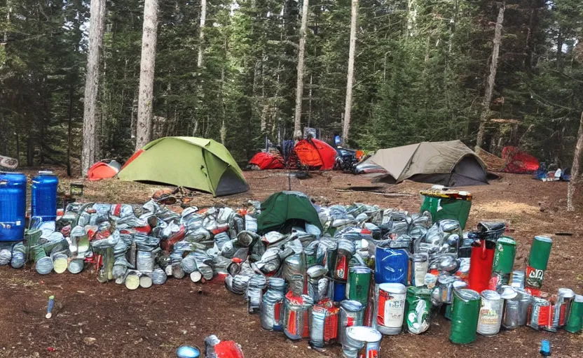 Image similar to a ladder next to a huge pile of beer cans and camping garbage camping tents and forest trees beautiful day