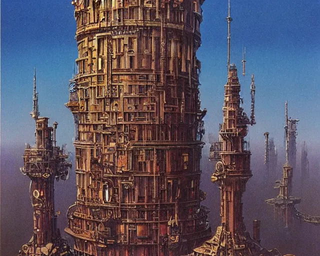 Image similar to steampunk tower by ralph mcquarrie and frank lloyd frank lloyd and bruce pennington and ted nasmith