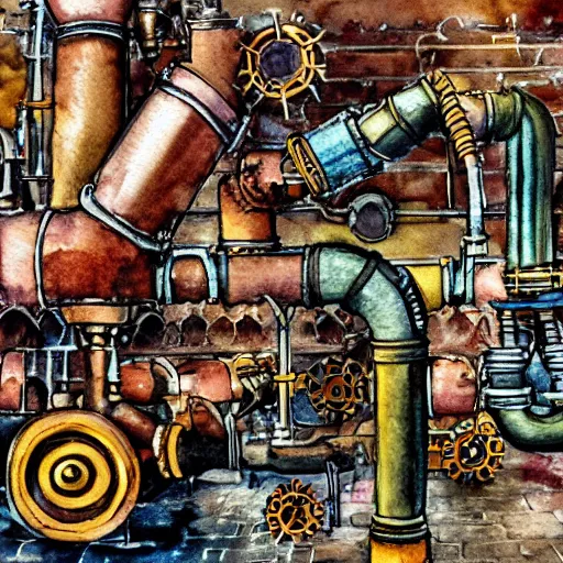 Prompt: steampunk scene of pipes valves watercolor