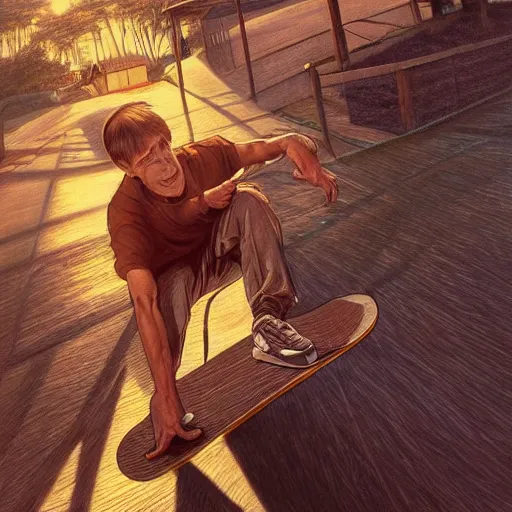 Image similar to clear portrait of tony hawk holding a skateboard, golden hour background, cottagecore!!, hyper detailed, character concept, full body, dynamic pose, intricate, elegant, highly detailed, digital painting, artstation, concept art, smooth, sharp focus, illustration, art by artgerm and greg rutkowski and alphonse mucha