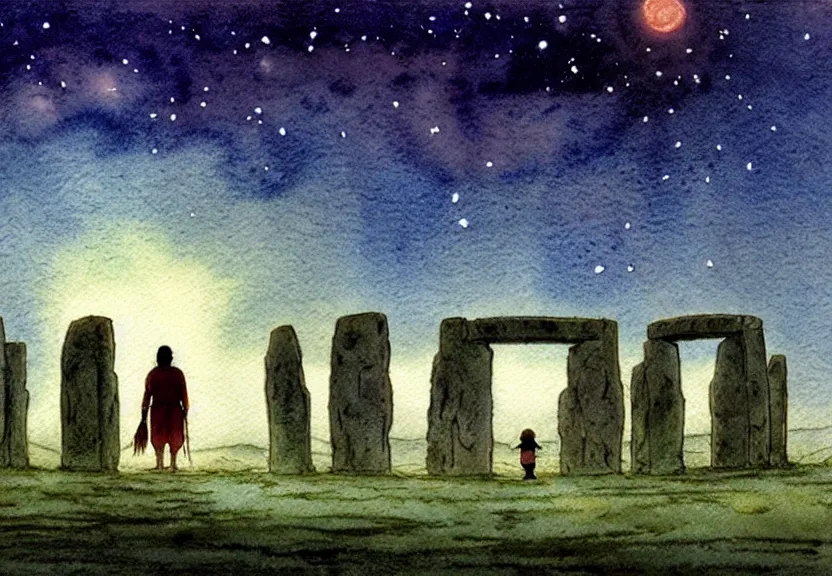 Prompt: a simple watercolor studio ghibli movie still fantasy concept art of a giant native american man standing in stonehenge in the ocean. it is a misty starry night. by rebecca guay, michael kaluta, charles vess