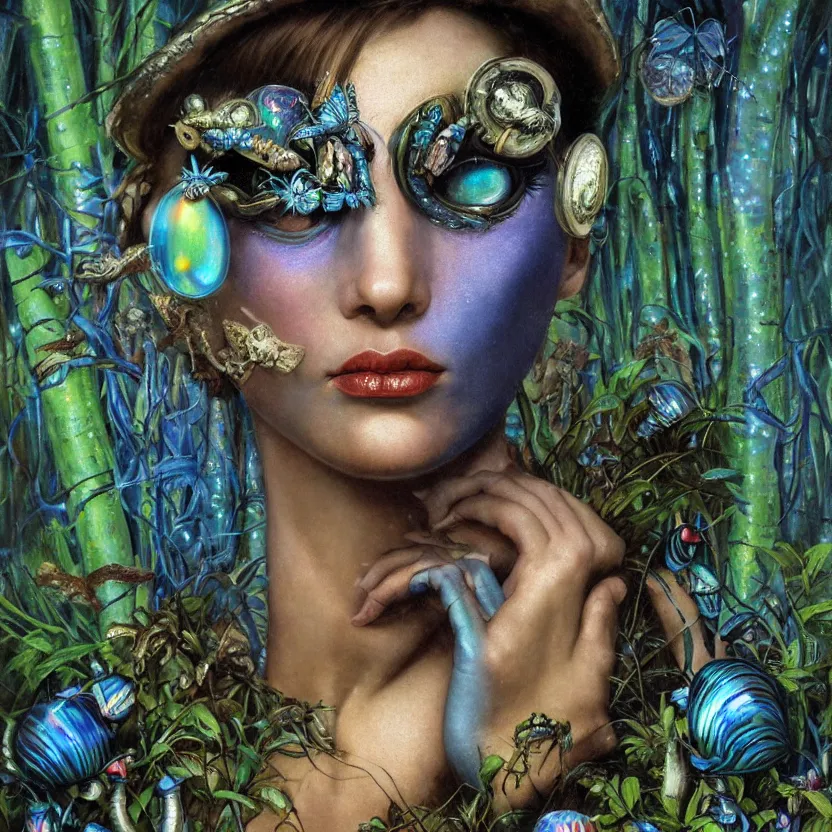 Prompt: a close - up neoclassicist portrait of a bug - eyed alien girl with blue skin wearing an iridescent venetian carnival butterfly mask surrounded by silver mushrooms in a jungle. reflective textures. glowing fog in the background. highly detailed fantasy science fiction painting by norman rockwell, frank frazetta, and syd mead. rich colors, high contrast, gloomy atmosphere, dark background. artstation