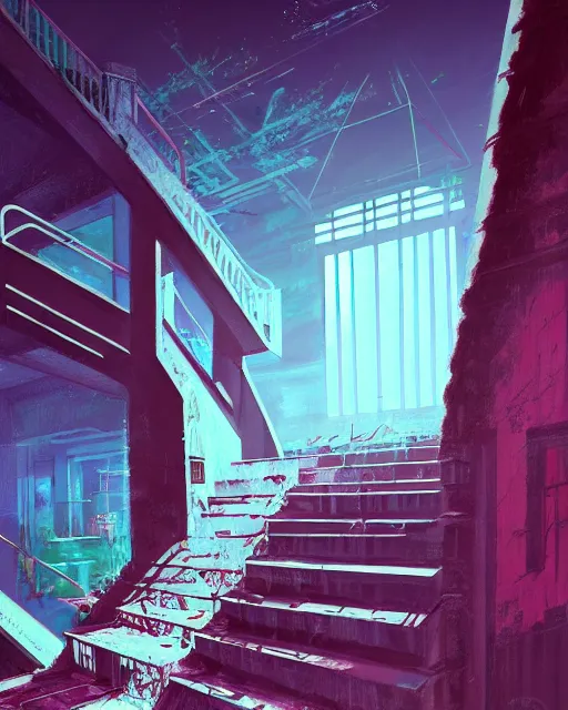 Prompt: a beautiful detailed painting of stairwell urbex by etel adnan, nature laser synthwave futuristic assassin's creed vice city tron scumm bar sunlight san andreas landscape evil otherworldly apocalyptic vaporwave infrared meadow dieselpunk, archdaily, wallpaper, highly detailed, trending on artstation.