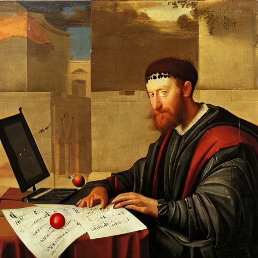 Image similar to Renaissance oil portrait of a man playing warzone on a computer, a soccer ball falling on his head, high-quality realistic oil painting with detailed strokes, robed Renaissance scholar,