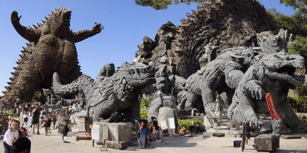 Prompt: a gigantis temple devoted to godzilla, stone carving ancient, worshipers bring offerings