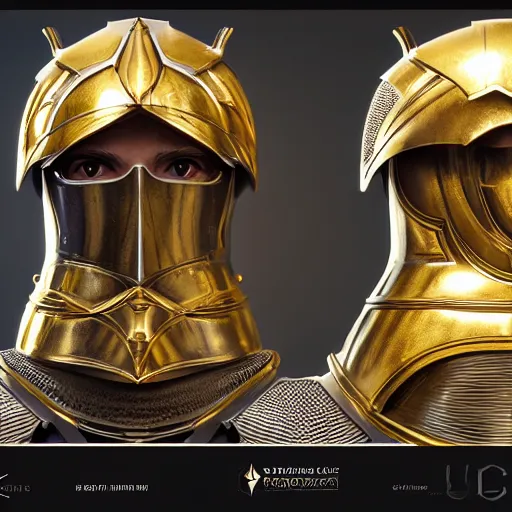 Prompt: character concept art illustration of paladin in plate armor, hyper realistic, cinematic lighting, polished metal, digital painting, photoshop, intricate pattern, gold trim, octane render, 8 k, unreal engine, volumetric