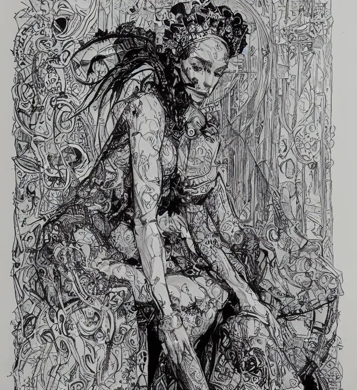 Image similar to salome full figure sitting on throne sketchbook ink drawing by james jean very detailed high contrast