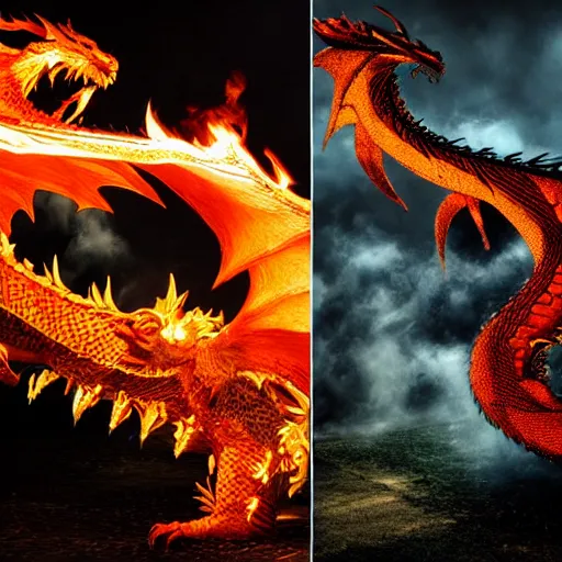 Prompt: dragon breathes fire, before and after