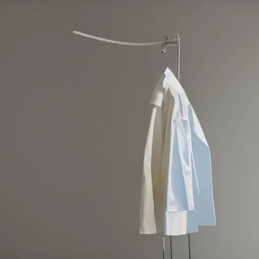 Image similar to an ultra high definition professional studio quality photograph of a transparent iridescent perspex pastel coloured raincoat on a white coat hook in an empty white room. dramatic lighting, ray tracing, refraction, shallow d. o. f, colour corrected, golden ratio, three point light.