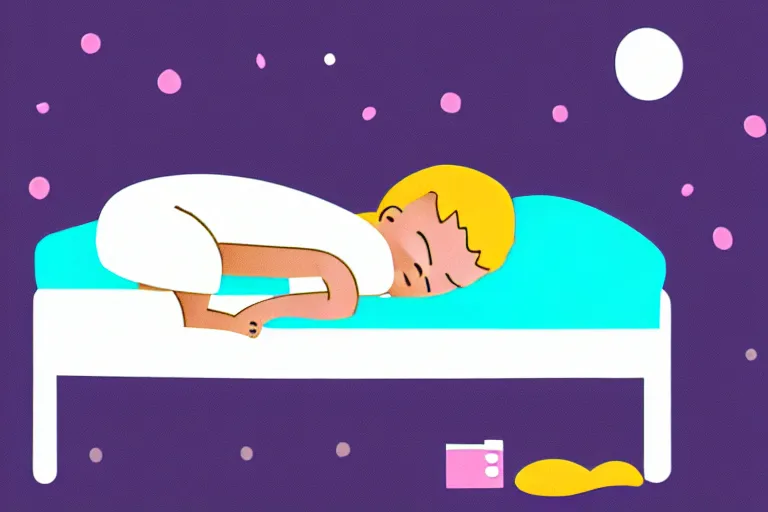 Image similar to Digital illustration of a kid sleeping on his bed at night, cute