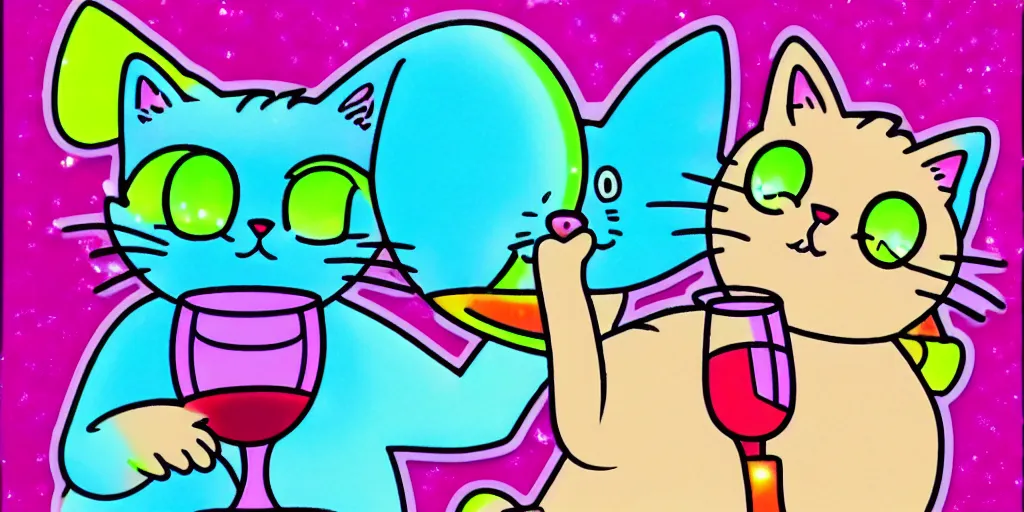 Prompt: a cat drinking red wine, puffy sticker, glitter sticker, kawaii by studio ghibli, by lisa frank 8 k pastel colours, neon colours, fluorescent colours,
