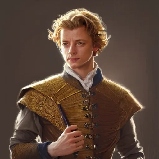 Prompt: a handsome young man wearing a doublet, cunning expression, blonde, young simon baker, D&D, fantasy, portrait, highly detailed, digital painting, artstation, concept art, sharp focus, illustration, art by artgerm and greg rutkowski and alphonse mucha