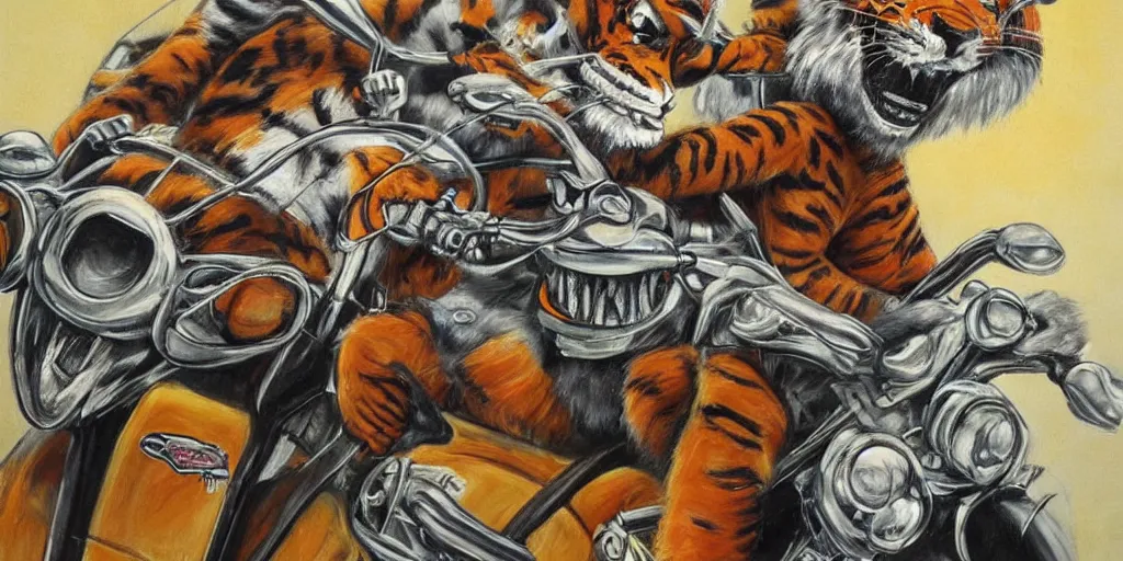 Prompt: tony the tiger riding a motorcycle, highly detailed fur, painted by salidor dali