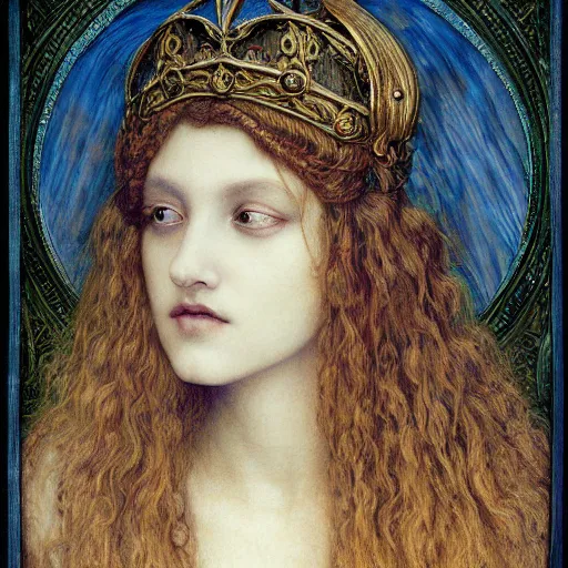 Image similar to detailed realistic beautiful young medieval queen face portrait by jean delville, brooke shaden, gustave dore and marco mazzoni, art nouveau, symbolist, visionary, gothic, pre - raphaelite, ornate gilded medieval icon