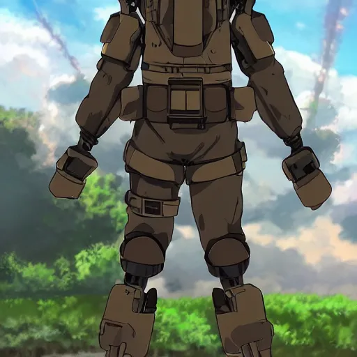 Image similar to Anime military bombsuit protagonist with light brown hair and brown eyes, Key Still, character design, full body shot