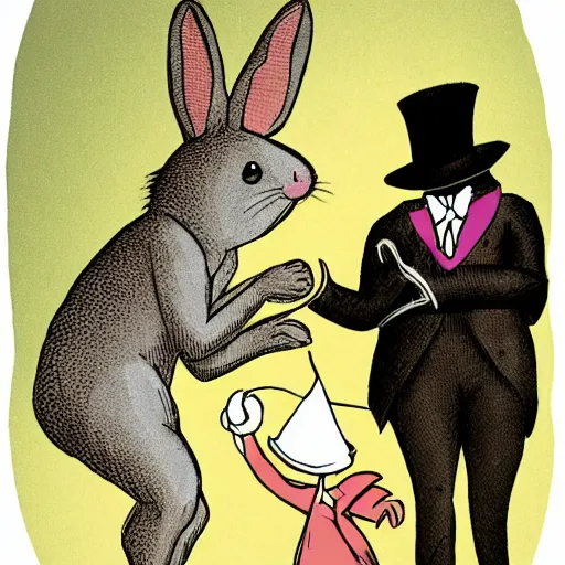 Image similar to anthropomorphic rabbit pulling a magician out of a magic hat