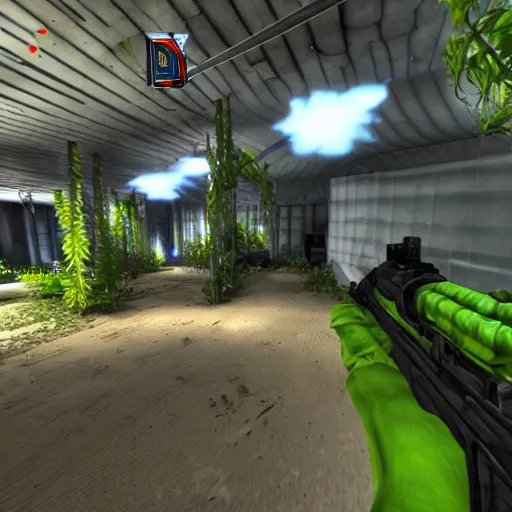 Image similar to screenshot of a first person shooter game, in an underground garden, shootout