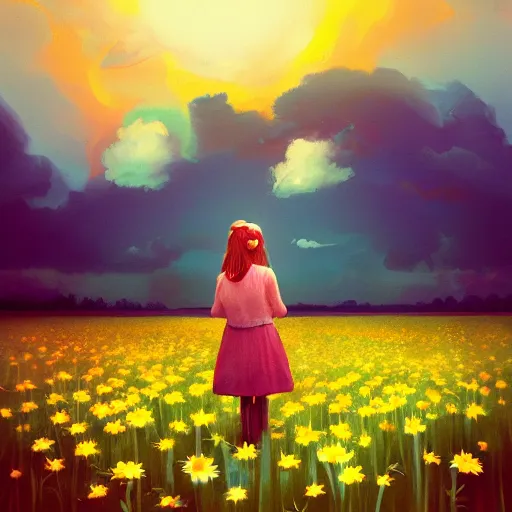 Image similar to girl with a giant daisy head, surreal photography, flower field, sunset dramatic light, impressionist painting, colorful clouds, blue sky, digital painting, artstation, simon stalenhag