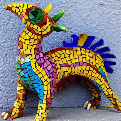 Image similar to mosaic sculpture of a alebrije chimera!!!, irregularly shaped mosaic tiles, hand glazed pottery shards, in the style of folk art, in a cottagecore flower garden