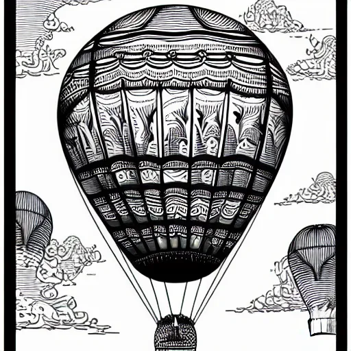 Image similar to portrait of an entire victorian air balloon over a fantasy landscape, line art illustration by joe fenton , black and white, intricate details