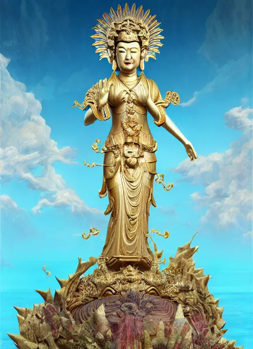 Image similar to guanyin stand on big loutus, a godness of the southern seas, a realistic setting with muted colors, visual novel cover, by yoshitaka amano, zeng fanzhi, jane hamilton, tiffany studios, sunrays shine uponit, frostbite 3 engine, cryengine, dof, trending on artstation, digital art, fantasy detailed background