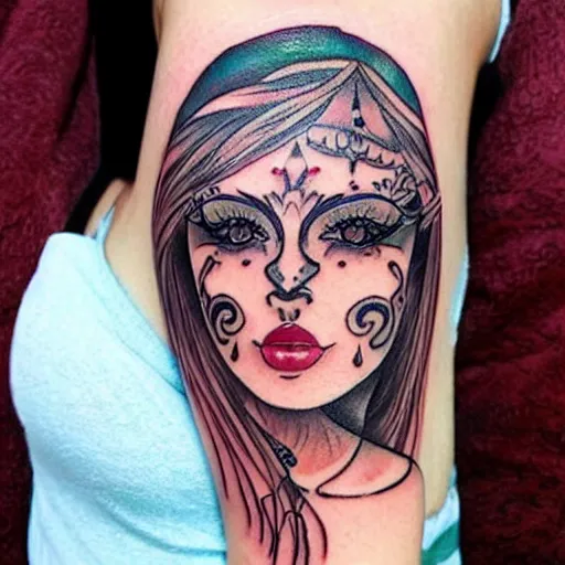 Image similar to tattoo on female face, epic, colorful, beautiful, intricate detail