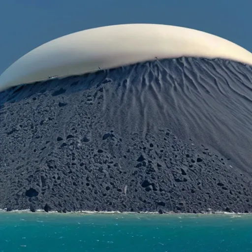 Image similar to photo of hundreds of zeppelins clustered around an active volcano on an island