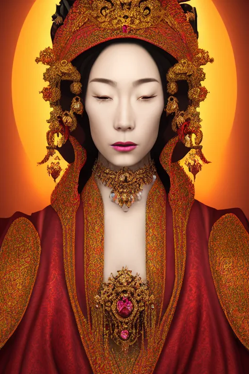 Image similar to a singular beautiful empress portrait, with a brilliant, impossible striking shiny big ruby headpiece, symmetrical, reflective surface, ruby clothes, rococo, baroque, jewels, asian, realistic, studio lighting, closeup, D&D, fantasy, intricate, elegant, highly detailed, digital painting, artstation, octane render, 8k, concept art, matte, sharp focus, illustration, art by Artgerm and Greg Rutkowski and Alphonse Mucha