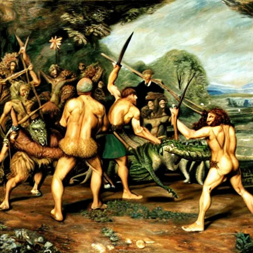 Image similar to A green scaly dinosaur!!! fighting with several realistic detailed cavemen with proportioned bodies, the cavemen are armed with spears, the caveman are in a fighting stance, the cavemen are wearing animal furs, coarse canvas, visible brushstrokes, intricate, extremely detailed painting by John Constable